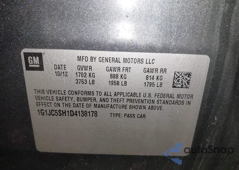 2013 Chevrolet Sonic Lt Auto z USA, uszkodzony, nr VIN 1G1JC5SH1D4138178